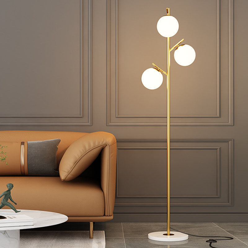 Contemporary Scandinavian Orb Pillar Floor Lamp - 3-Light Metal & Marble Glass for Living Room