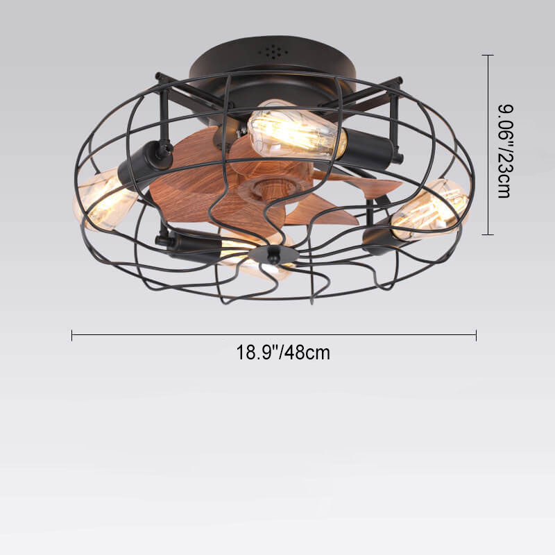 Contemporary Industrial Wood Grain Drum Cage Ceiling Fan Light - 3-Light Flush Mount for Living Room