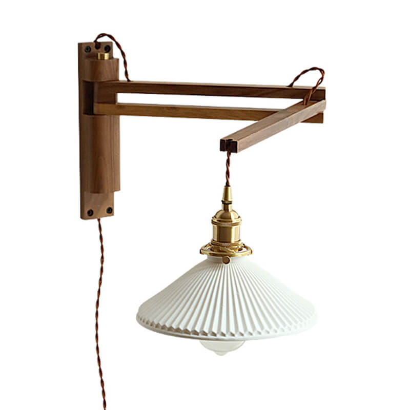 Nordic Milk White Striped Glass Walnut Retractable Wall Sconce Lamp - 1-Light Decor