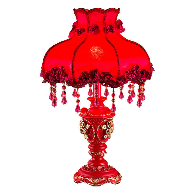 European Wedding Red Fabric Tassel Lamp - 1-Light Resin Table Lamp for Home Decor