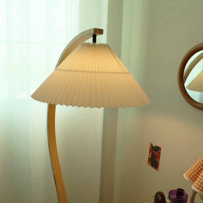 Traditional Japanese Pleated Cone Floor Lamp with Arc Wood Pole - 1-Light Design for Home Office Decor