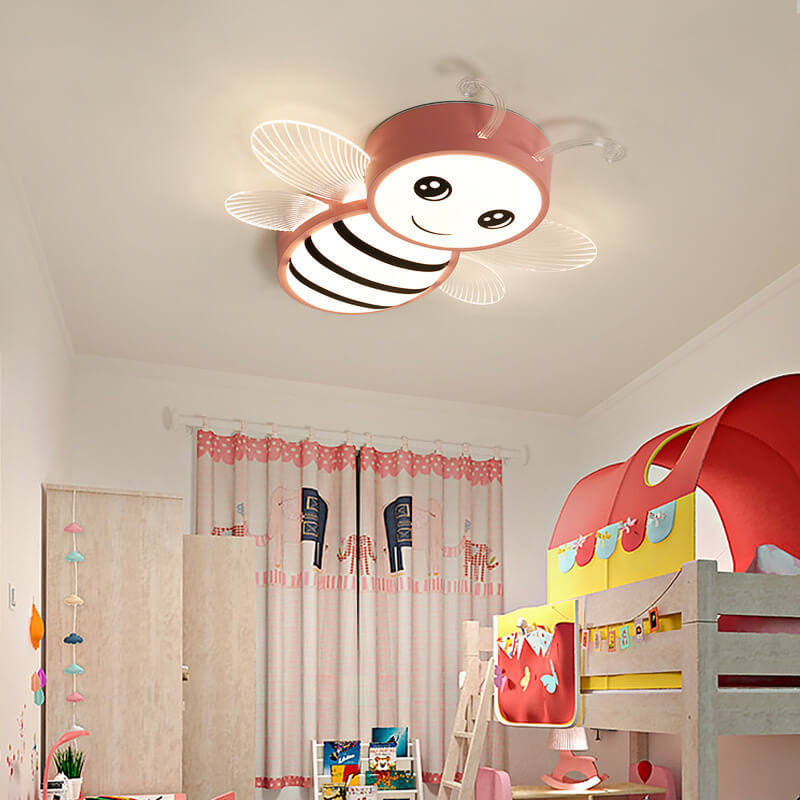 Contemporary Kids Bee Iron Acrylic LED Flush Mount Ceiling Light for Bedroom, Nursery Lighting, Child's Room Decor, Insect Theme Ceiling Fixture, Energy-Efficient Illumination, Cute Bee Design, Playful Ceiling Lights for Children, Modern Flush Mount Honey