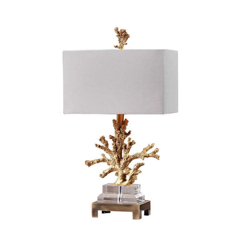 Modern Art Deco Linen Resin Crystal Coral Base 1-Light Table Lamp for Bedroom, Elegant Nightstand Lighting, Contemporary Home Decor, Decorative Bedroom Lighting, Unique Table Lamp Design, Stylish Coral Accent Light, Chic Bedroom Lighting Solution, Art Dec