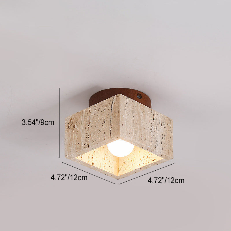 Japanese Wabi-Sabi Yellow Travertine Column Wood Semi-Flush Mount Light