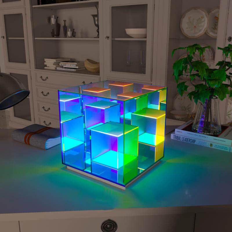 Modern Acrylic RGB Line Rubik's Cube LED Table Lamp - Color Changing Cube Night Light, USB Rechargeable Decorative Lamp, Unique Gift for Kids and Adults, RGB Mood Lighting for Home Decor, Bedroom and Office Accessories