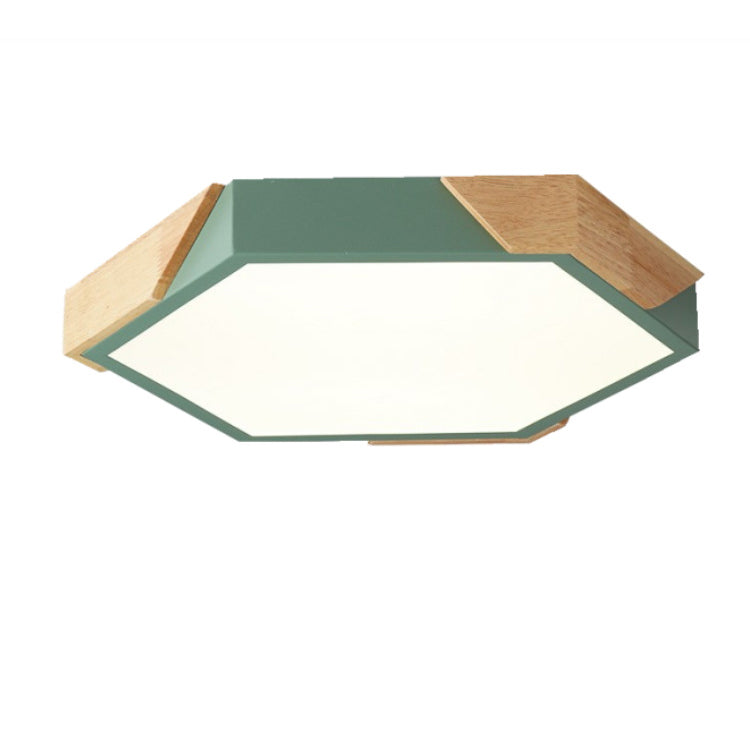 Contemporary Scandinavian Hexagonal Iron Wood Macaron LED Flush Mount Ceiling Light for Bedroom