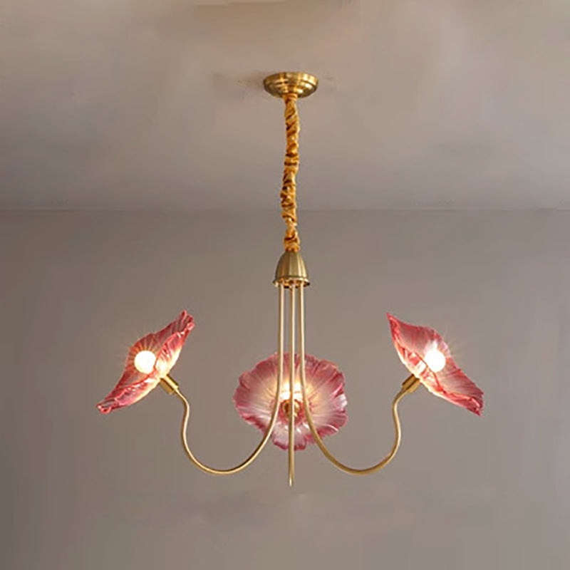 Modern Art Deco Gold Finish Chandelier with Lotus Leaf Glass Shade - 3/6 Lights for Living Room