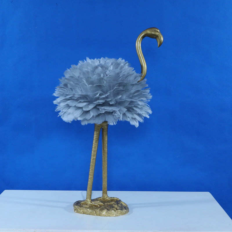 Contemporary Nordic Goose Feather Metal Flamingo Ball 1-Light Table Lamp for Bedside, Modern Accent Lighting, Decorative Bedroom Lamp, Unique Home Decor, Stylish Nightstand Light, Chic Flamingo Design, Soft Ambient Glow, Artful Lighting Fixture