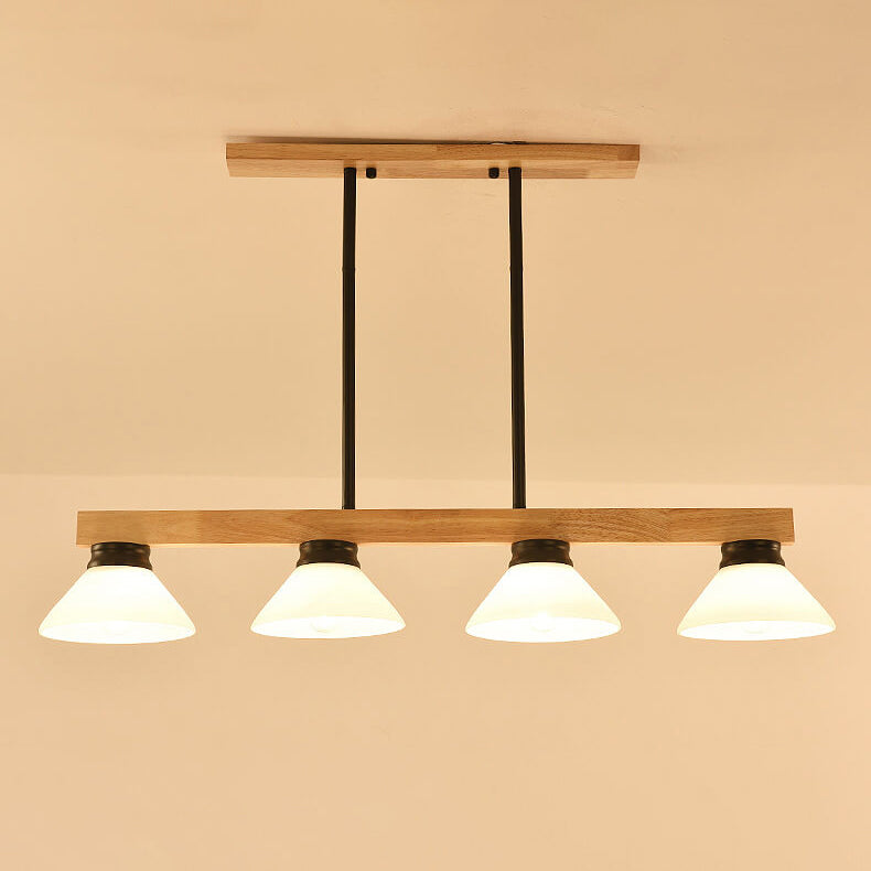 Nordic Solid Wood Cone Glass Shade 3/4 Light Island Chandelier