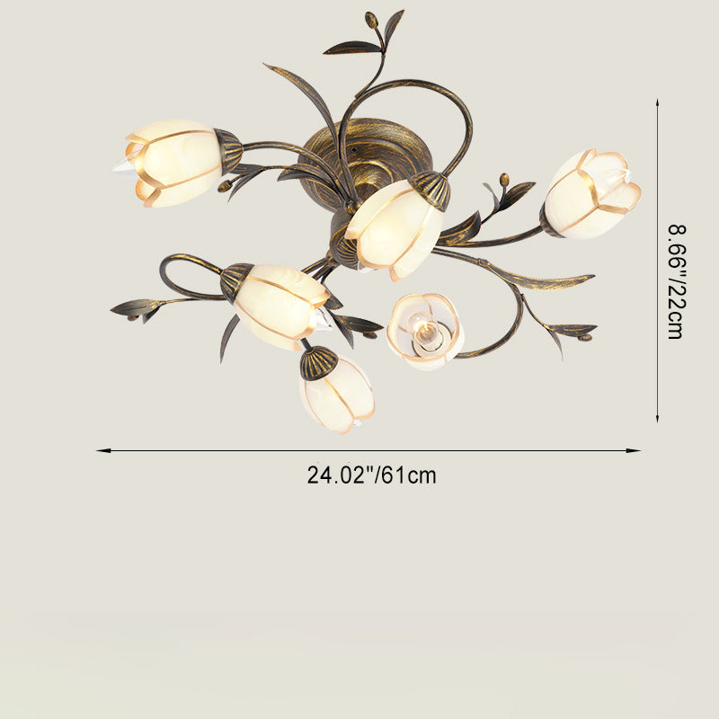 Traditional French Flower Shaped Iron Glass Semi-Flush Mount Ceiling Light for Bedroom - 4/6/8/10/12 Lights