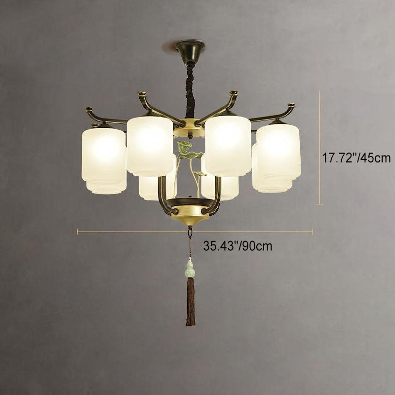 Traditional Chinese Iron Frame Cylinder Glass Shade Chandelier - 6/8/10/12 Lights for Living Room