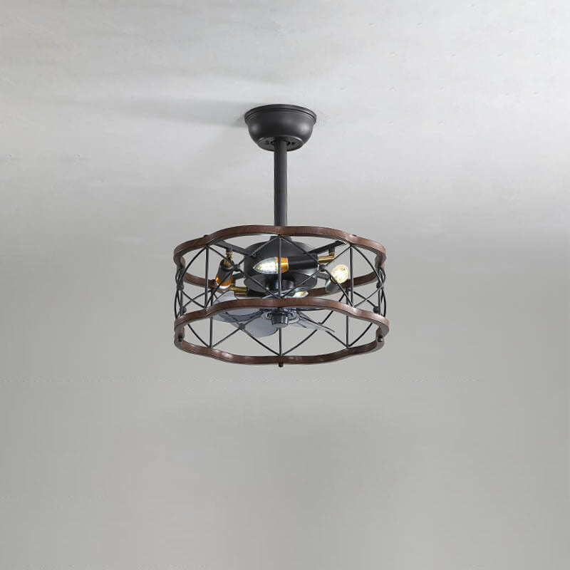 Industrial Minimalist Copper Iron Semi-Flush Mount Ceiling Fan Light - 4-Light Round Square Design