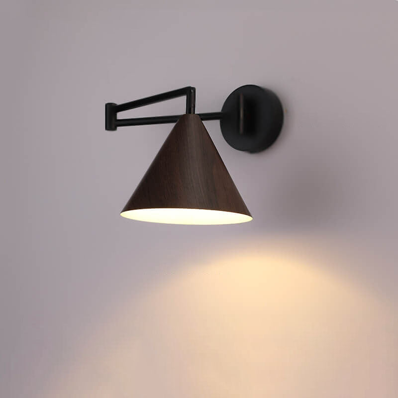 Contemporary Nordic Cone Swing Arm Wall Sconce - Wood Grain Iron 1-Light Lamp for Bedroom