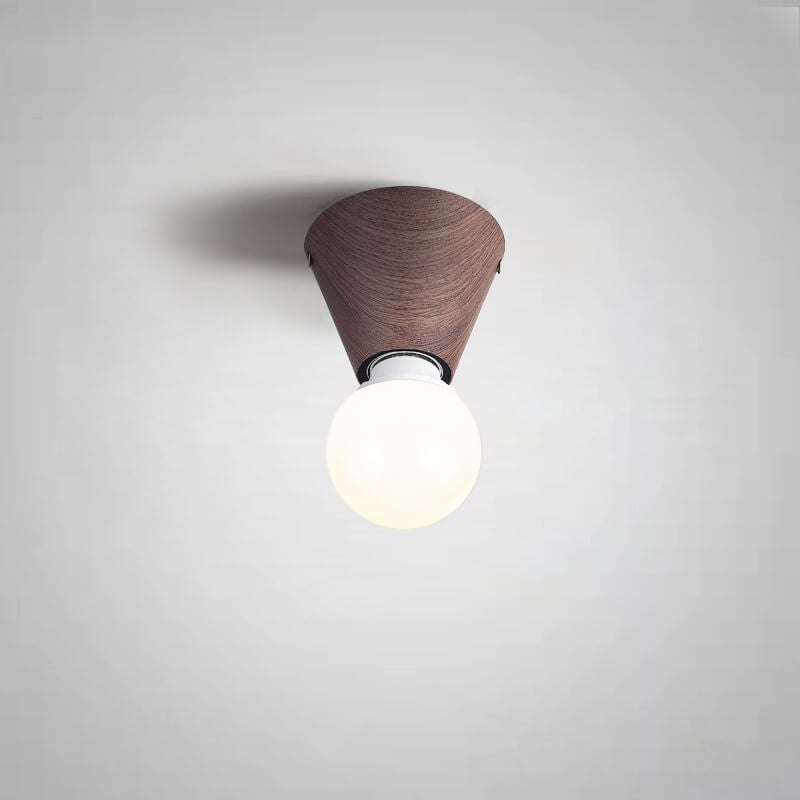 Japanese Minimalist Wood Grain Round Flush Mount Ceiling Light - 1-Light Glass Fixture
