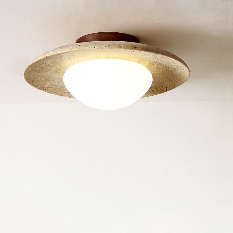 Vintage Round Travertine Flush Mount Ceiling Light - 1-Light Hallway Fixture
