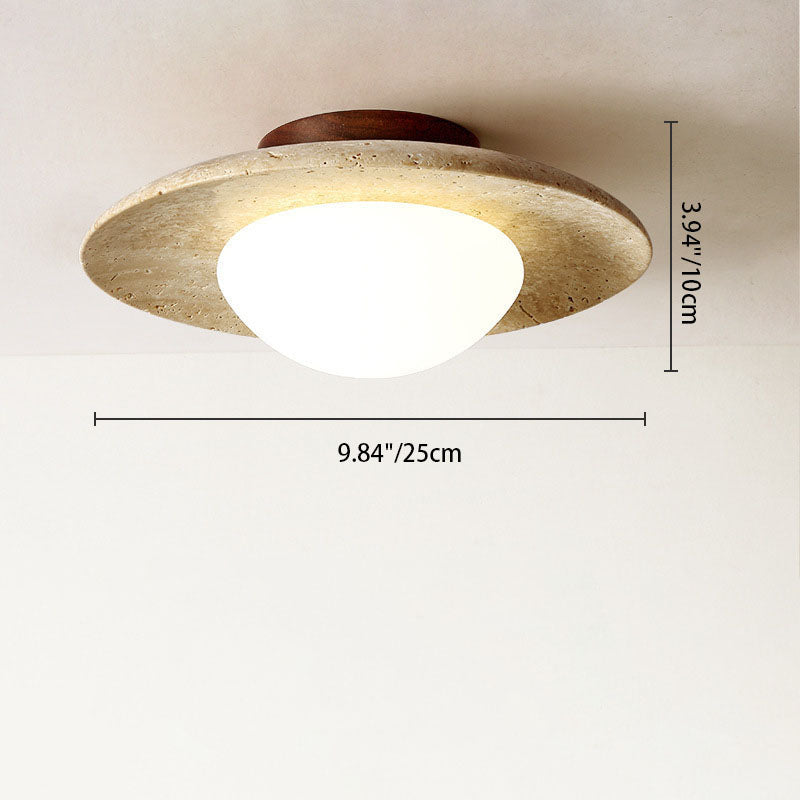 Modern Minimalist Yellow Travertine Cylinder Oval Dish Semi-Flush Mount Light for Living Room