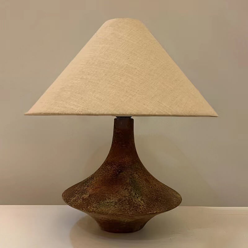 Wabi-Sabi Vintage Cone Vase Base Ceramic Fabric 1-Light Table Lamp, Handmade Rustic Home Decor, Boho Chic Lighting, Unique Artistic Accent Lamp for Bedroom, Living Room, Eco-Friendly Design, Aesthetic Interior Style, Natural Materials Lighting Solution
