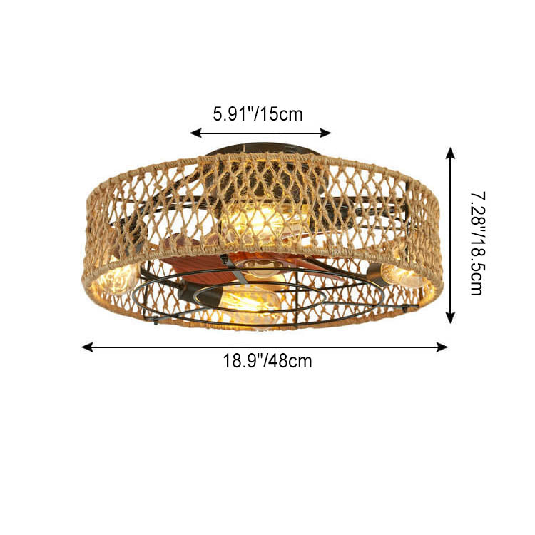 Rustic Round Drum Semi-Flush Mount Ceiling Fan Light - 4-Light Iron & Hemp Rope Fixture for Bedroom