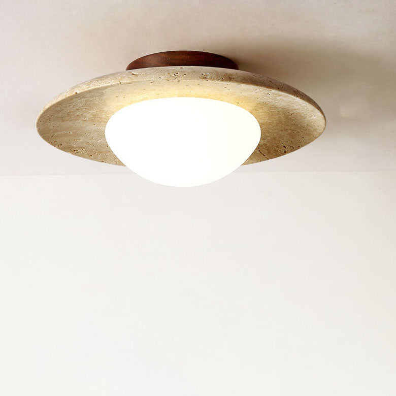 Japanese Minimalist Round Yellow Travertine 1-Light Semi-Flush Mount Ceiling Light