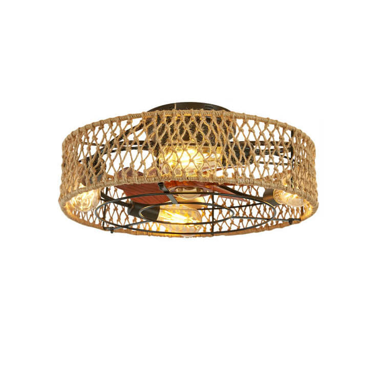 Rustic Round Drum Semi-Flush Mount Ceiling Fan Light - 4-Light Iron & Hemp Rope Fixture for Bedroom
