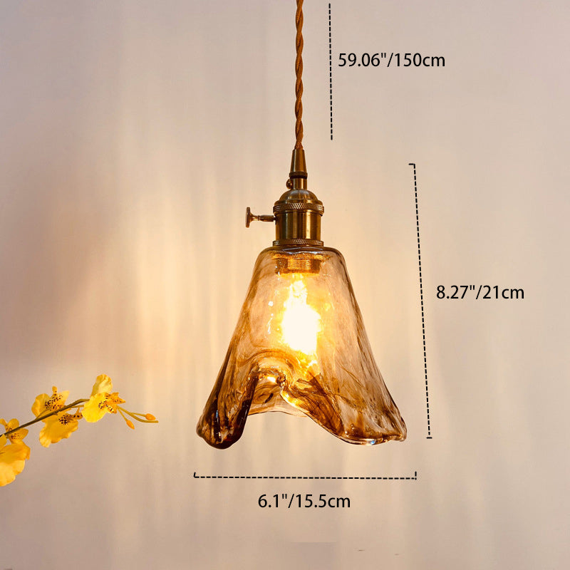 Vintage Amber Glass Brass Pendant Light 1-Light Ceiling Fixture