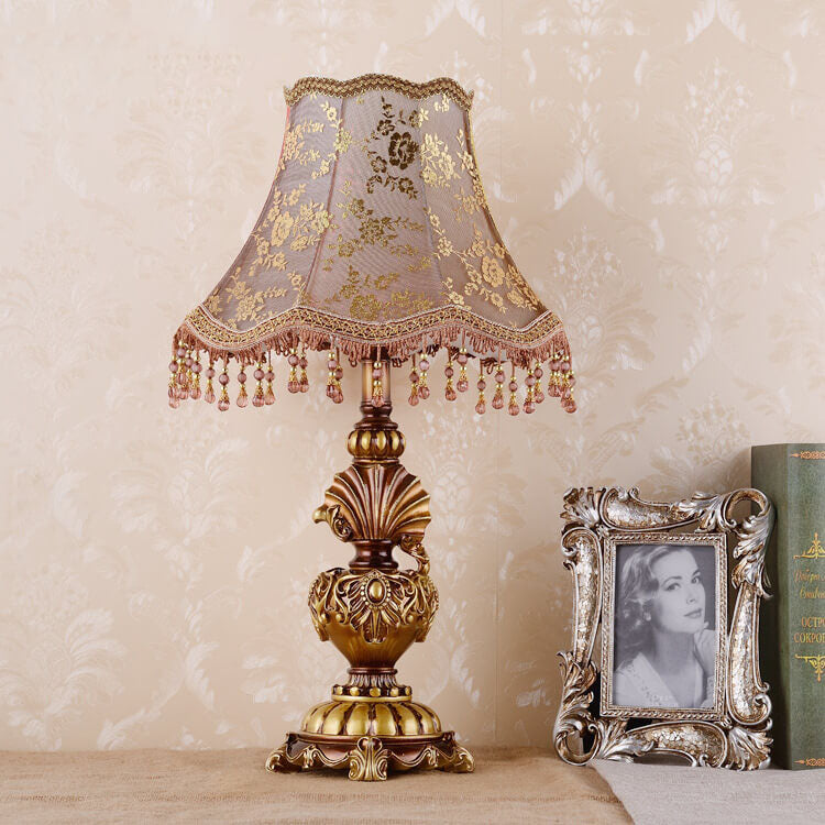 European Vintage Fabric Tassel Resin Court 1-Light Table Lamp – Elegant Home Decor Lighting, Vintage Table Lamp, Fabric Shade Lamp, Boho Chic Decor, Rustic Resin Lamp, Indoor Lighting, Stylish Bedroom Accent, Antique Design, Unique Living Room Lamp, Decor