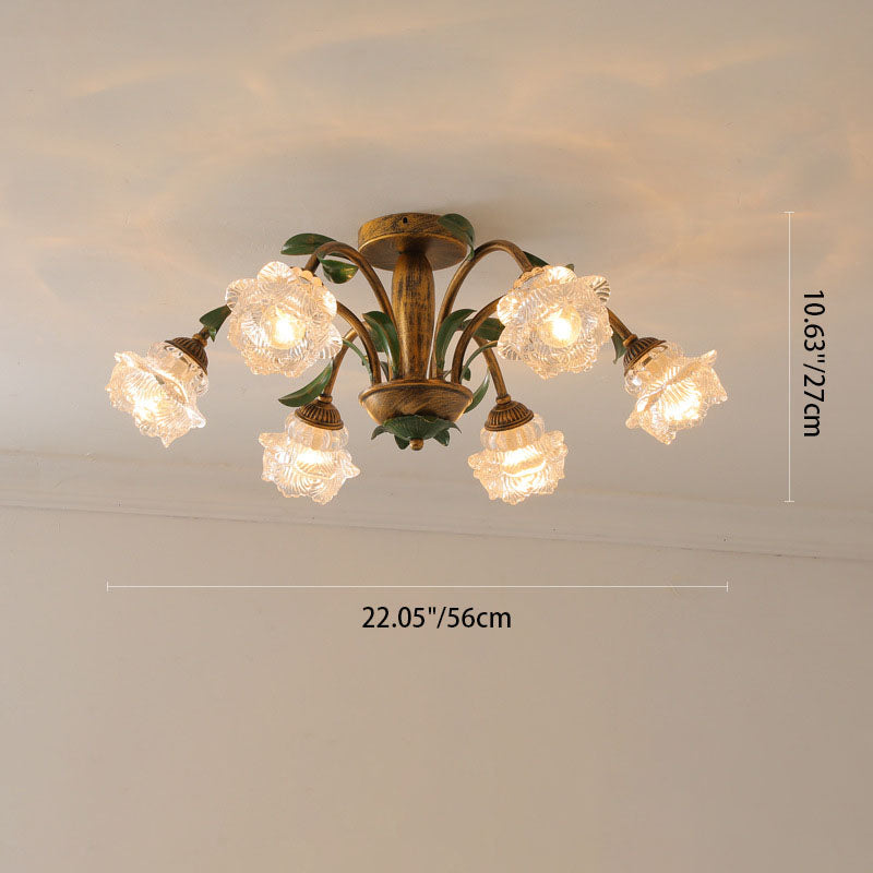 Traditional Rustic Floral Iron Glass Semi-Flush Mount Ceiling Light for Living Room - 6/8/10 Light Options