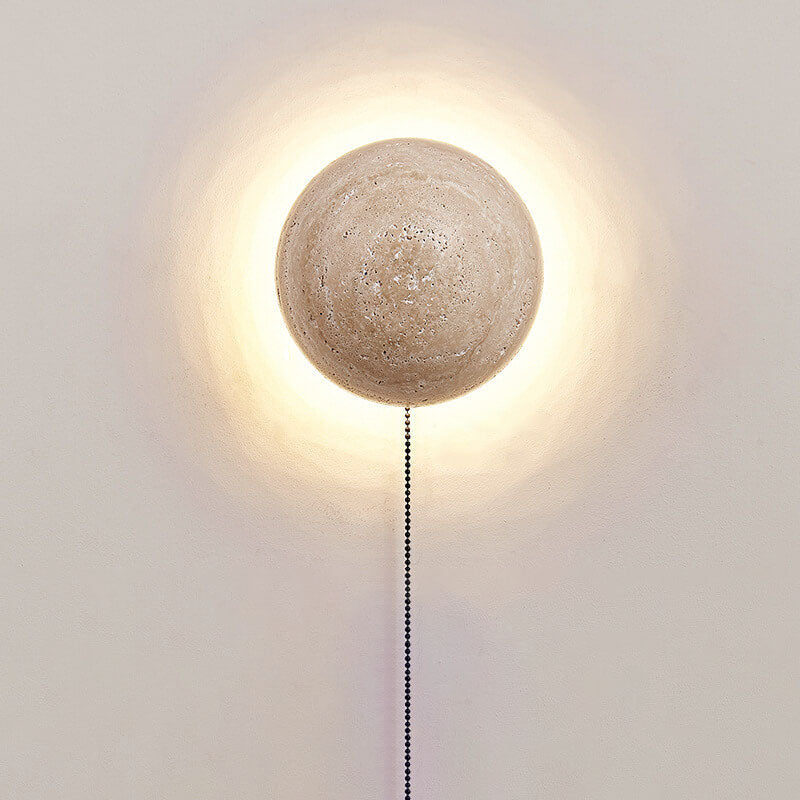 Traditional Japanese Round Yellow Travertine Wabi-Sabi LED Wall Sconce for Hallway