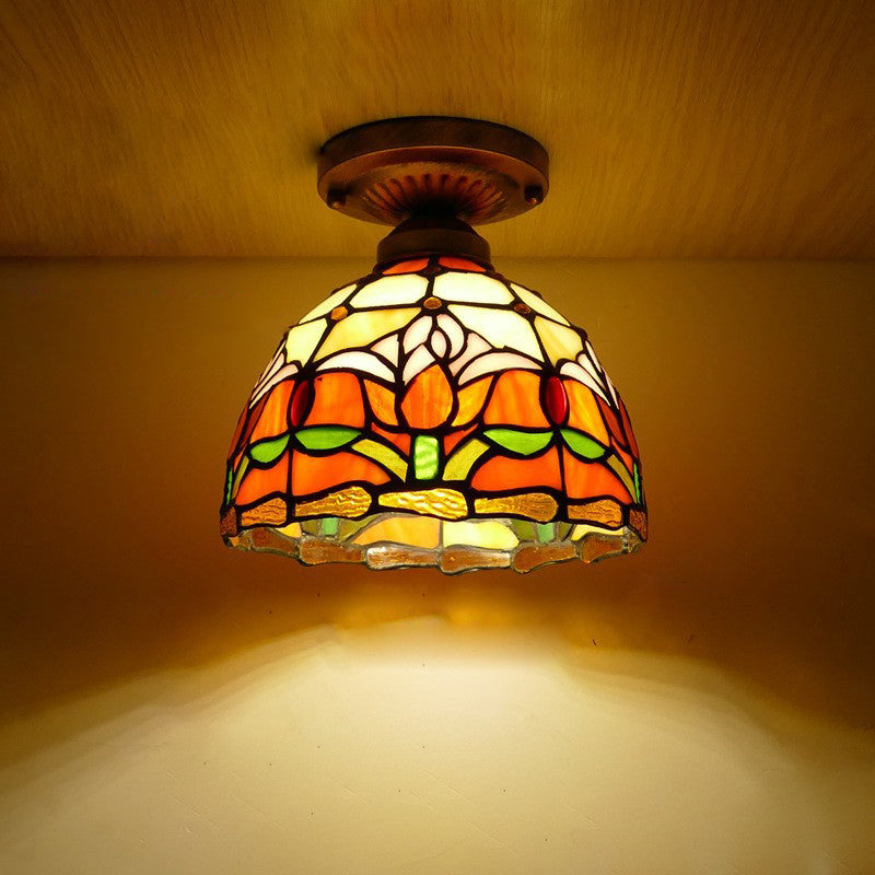Traditional Tiffany Tulip Stained Glass Ceiling Light - Iron Dome 1-Light Semi-Flush Mount for Living Room