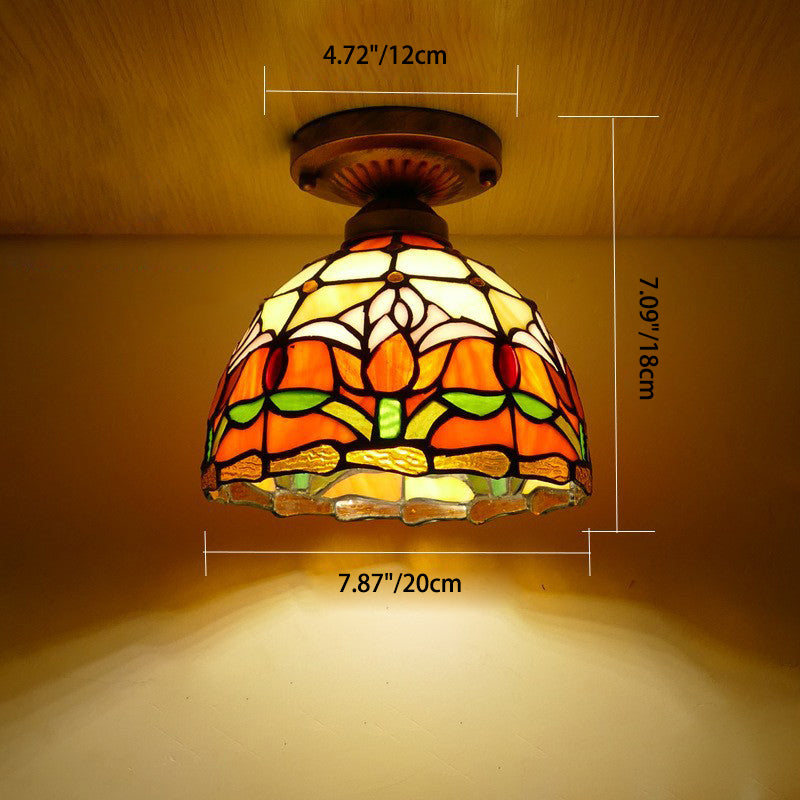 Traditional Tiffany Tulip Stained Glass Ceiling Light - Iron Dome 1-Light Semi-Flush Mount for Living Room