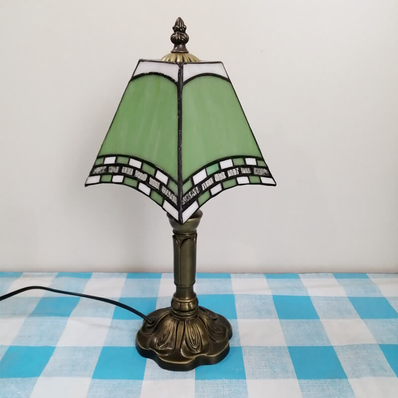 Traditional Tiffany Square Stained Glass Table Lamp - 1-Light Iron Fixture for Bedroom Decor