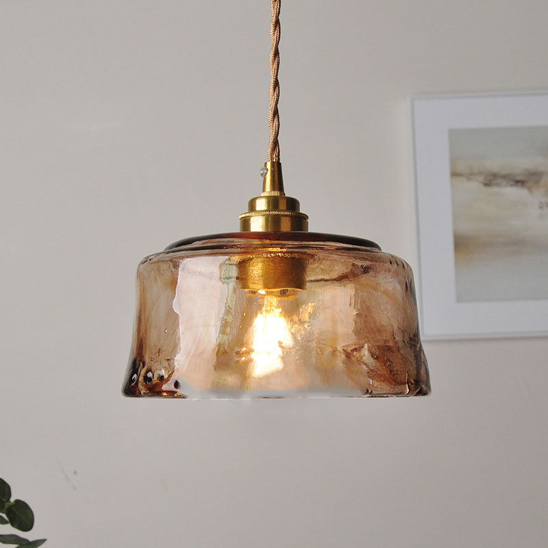 Vintage Amber Glass Brass Pendant Light for Living Room