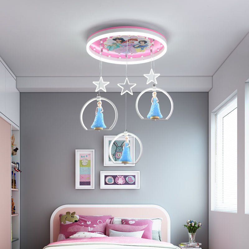 Contemporary Cartoon Princess Elsa Acrylic Round Shade LED Flush Mount Ceiling Light for Kids Bedroom, Frozen Themed Lighting, Decorative Fixture, Cute Ceiling Lamp, LED Light for Girls Room, Stylish Nursery Decor, Childrens Room Illumination, Magical Bed