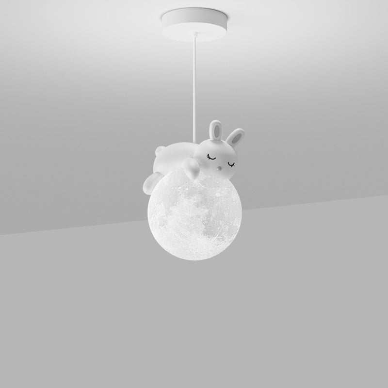 Contemporary Creative Resin Rabbit Moon 1-Light Kids Pendant Light for Living Room, Playroom, Nursery, Cute Rabbit Design, Children's Bedroom Lighting, Unique Pendant Fixture, Decorative Home Accent, Modern Animal Pendant Light, Kids Room Decor, Adjustabl