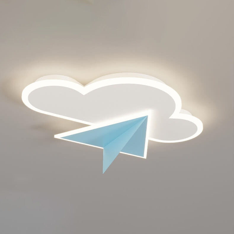 Creative Cartoon Clouds Airplane LED Kids Flush Mount Ceiling Light for Nursery, Playroom, Modern Child's Bedroom, Unique Sky Themed Lighting, Adorable Children's Room Decor, Energy Efficient Lighting Fixture, Fun Airplane and Cloud Design, Safe for Kids