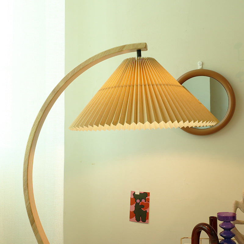 Traditional Japanese Pleated Cone Floor Lamp with Arc Wood Pole - 1-Light Design for Home Office Decor
