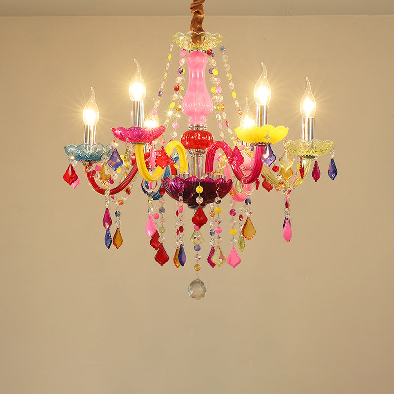 Traditional European 6-Light Glass Crystal Metal Fabric Chandeliers for Living Room