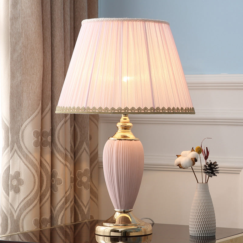 Traditional Pleated Fabric Shade Ceramic Column Base Table Lamp - 1-Light Study Lamp