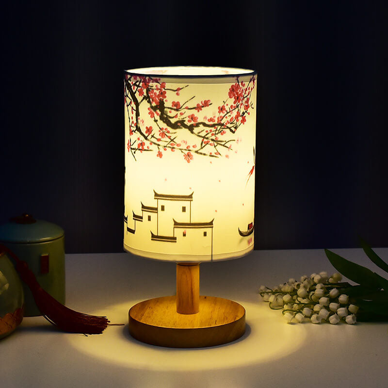 Modern Minimalist LED Table Lamp, Fabric Column Landscape Design, Wood Base Lighting, Contemporary Home Decor, Stylish Nightstand Lamp, Energy-Efficient LED, Living Room Accent Light, Bedroom Illumination, Unique Design Lamps, Eco-Friendly Lighting Soluti