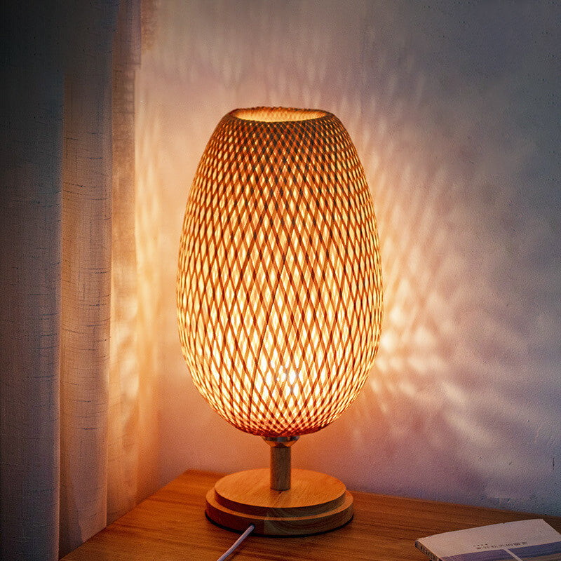 Traditional Chinese Moso Bamboo Wood Iron Weaving Oval Round 1-Light Table Lamp Bedroom Decor, Asian Style Bedside Lighting, Eco-Friendly Bamboo Lamp, Elegant Home Accent, Unique Lighting Design for Nightstand, Modern Chinese Decor, Artisanal Handmade Lam