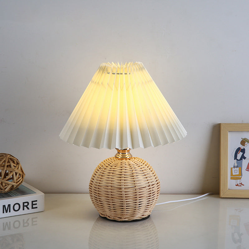 Contemporary Nordic Rattan Fabric Pleated Conic Ball LED Table Lamp Bedroom Decor Modern Lighting Elegant Home Accessories Stylish Bedroom Illumination Eco-Friendly Lighting Design Rustic Chic Table Lamp Warm White Glow Bedroom Aesthetic Sustainable Mater