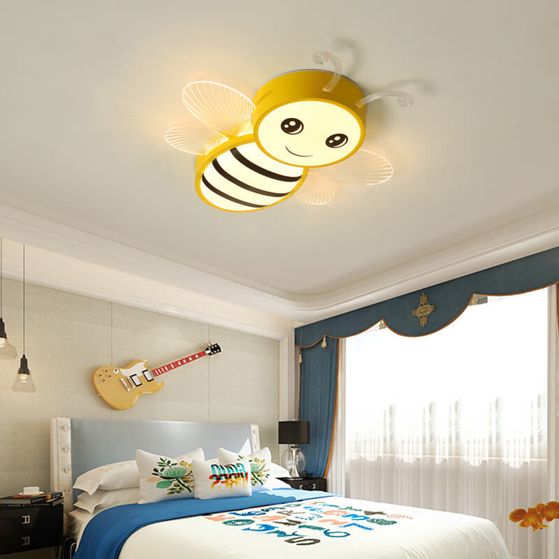 Contemporary Kids Bee Iron Acrylic LED Flush Mount Ceiling Light for Bedroom, Nursery Lighting, Child's Room Decor, Insect Theme Ceiling Fixture, Energy-Efficient Illumination, Cute Bee Design, Playful Ceiling Lights for Children, Modern Flush Mount Honey