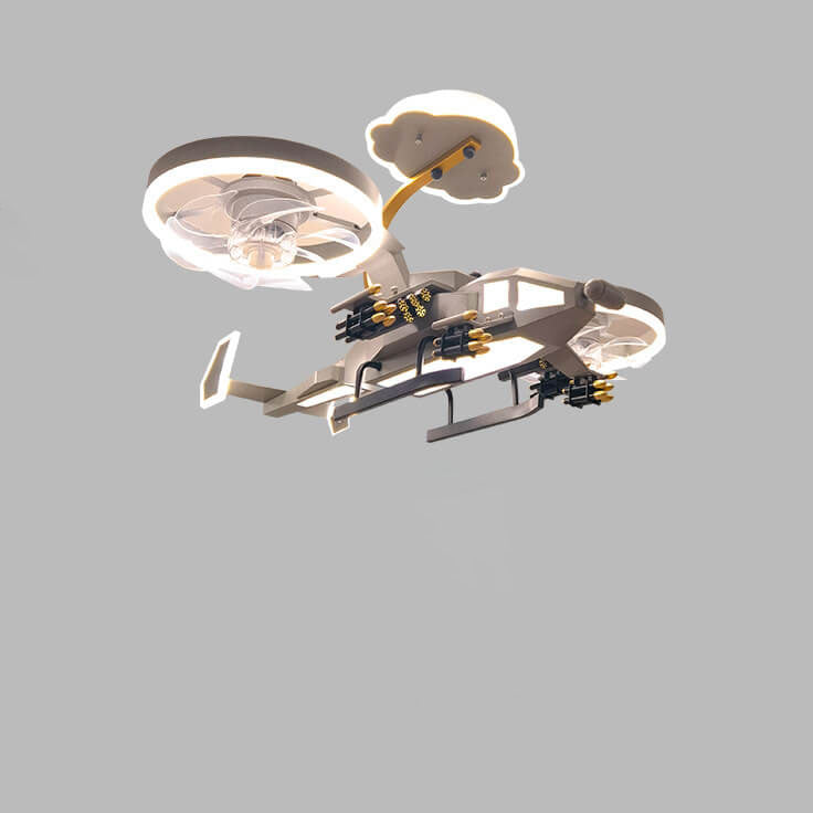 Modern Children's Helicopter Hardware Acrylic LED Semi-Flush Mount Ceiling Fan Light Fixture, Kids Room Decorative Lighting, Aviation Theme Design, Energy Efficient, Adjustable Brightness, Stylish Ceiling Fan Light for Boys and Girls, Playroom and Nursery
