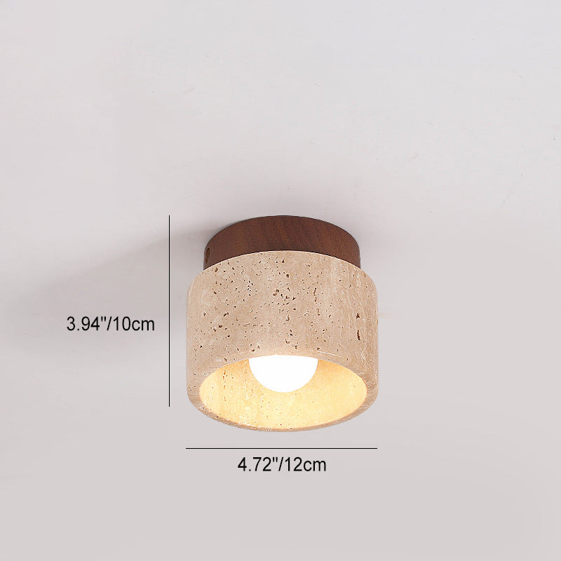 Japanese Wabi-Sabi Yellow Travertine Column Wood Semi-Flush Mount Light