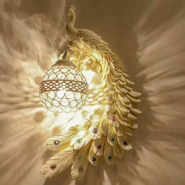 Vintage Ornate Resin Long Tail Peacock Wall Sconce Lamp - 1-Light Crystal Ball Shade