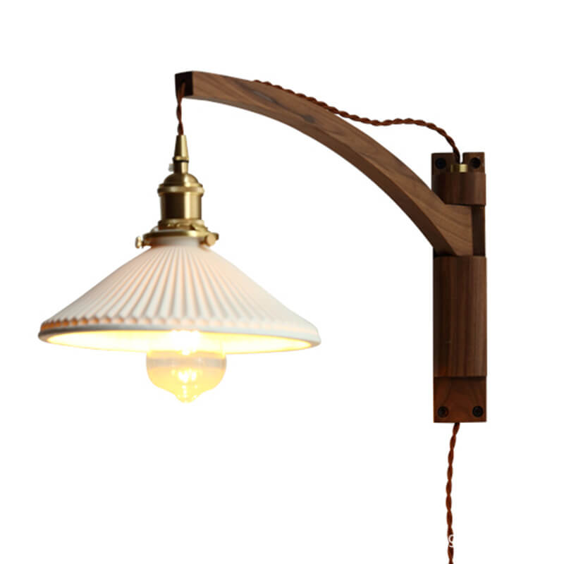 Nordic Milk White Striped Glass Walnut Retractable Wall Sconce Lamp - 1-Light Decor