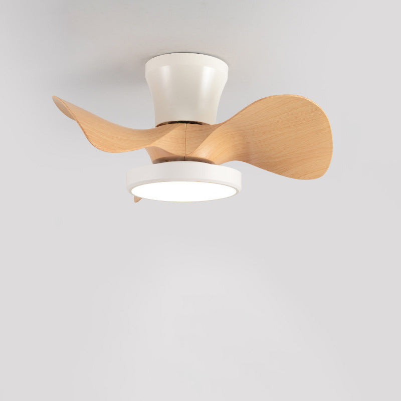 Contemporary Industrial Round Wood Grain LED Semi-Flush Mount Ceiling Fan Light for Living Room