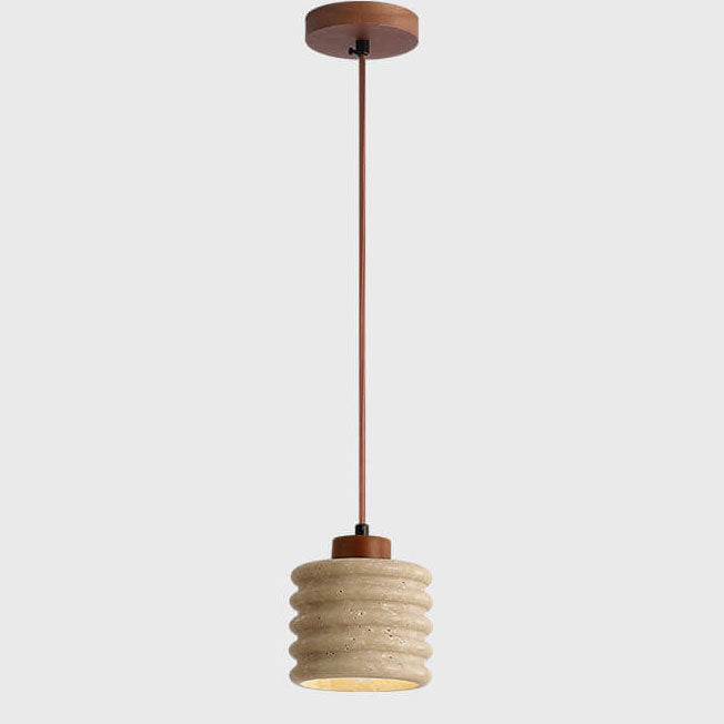 Wabi-Sabi Yellow Travertine Cylinder Pendant Light - Wood 1-Light Lampshade