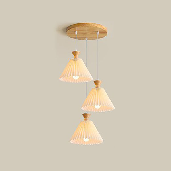 Traditional Japanese Rubberwood Pleated Cone Island Chandelier for Living Room