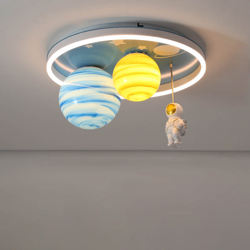 Astronaut Planet Round Kids Flush Mount Ceiling Light - Space Themed Nursery Lighting, Outer Space Decor, Children's Bedroom Fixtures, Astronaut Design Ceiling Lamp, Kids Room Lighting Fixture, Galaxy Ceiling Light for Boys and Girls, Starry Sky Indoor Il